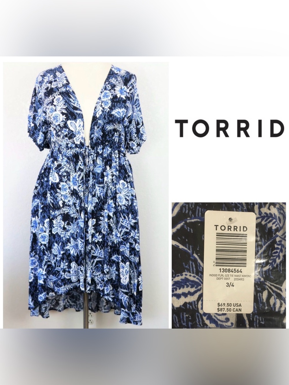 🆕TORRID - 3/4X - NWT - FLORAL BLUE WHITE MAXI HI-LO KIMONO CARDIGAN / KAFTAN